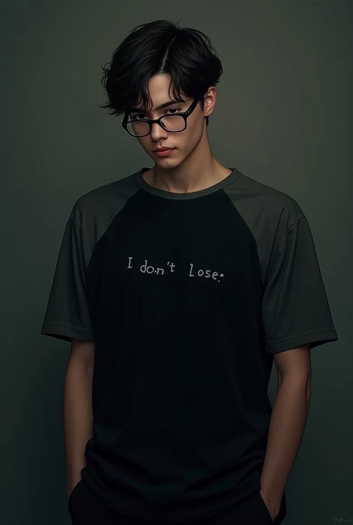   21 year old white man with a mysterious expression  , older details on his face  ,   half finished with a sleepy face , Always ,  medium wavy dark brown hair ,  chubby and sedentary wearing glasses and looking like a nerd ,   He has a kind of dark academ...