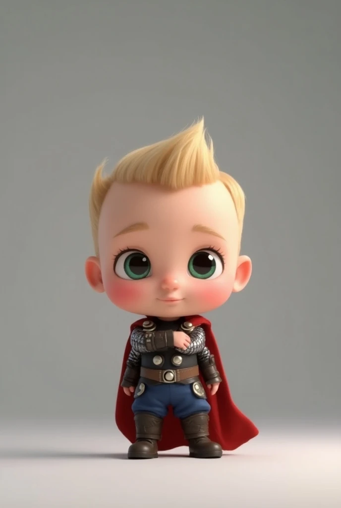 Cute little baby Thor, standing pose, chibi style, Pixar-inspired animation, cute character design, gray clean background, high-resolution photography, high level of detail, high-quality textures, studio lighting, soft color tones, solid colors, --ar 2:3
