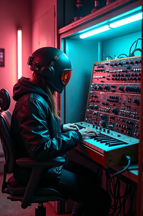 Futuristic cyberpunk  scene of a cabina with a cyberpunk girl with russian cold war tank helmet playing a Big modular eurorack synth with a Lot of modules and patch cables. 