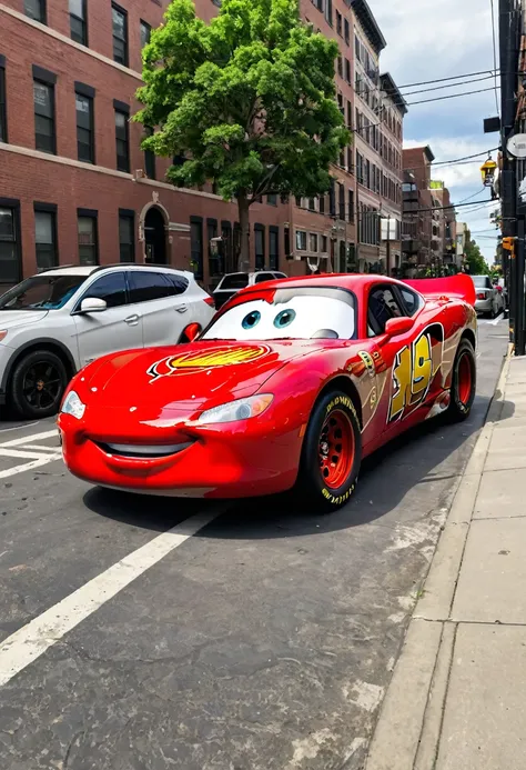 Lightning McQueen parked on the street in real life