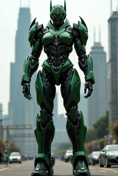 transformers female character with a black and green ferrari form, with robust and tall bigger body with the autobot sign