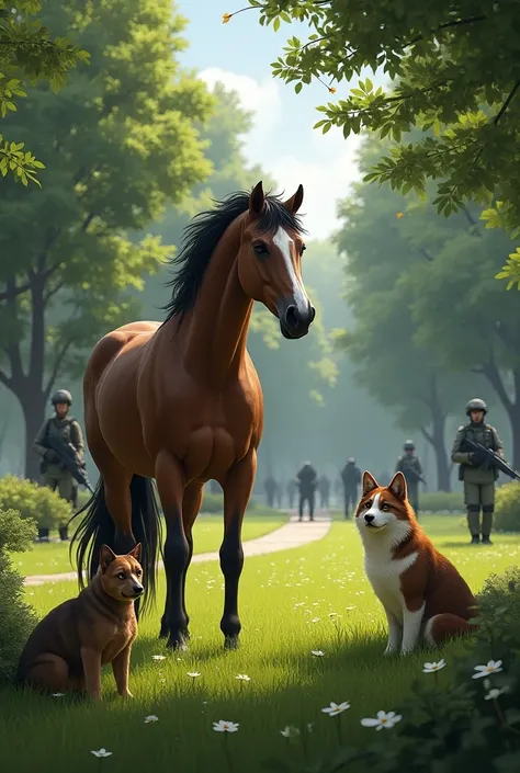 A park where there is a horse, a dog and a cat with armed people