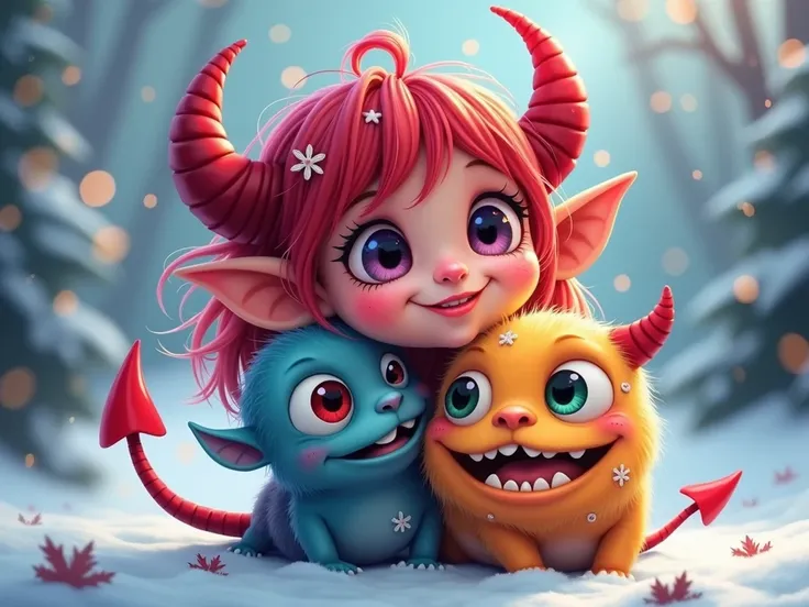 cute smiling monster girl, adorable devil girl, winter holiday, cute devil, cute and spooky devil, whimsical devil, devil creature, devil girl with big eyes, devil girl with colorful hair, monster girl in a playful pose, devil girl with a friendly expressi...