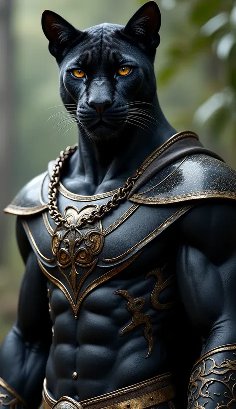 An impressive standing ,  creature that combines the elegance of Black Panther and the ferocity of a black panther.  This character wears a sophisticated costume with details that recall the skin of a panther ,  and his dark fur shines with a metallic shad...