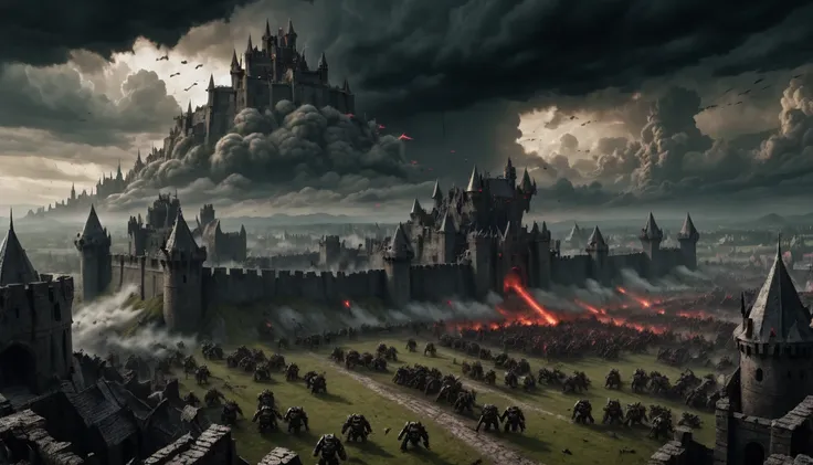 giant field, view from the castle walls, horde of orks approaching, doomsday, darl clouds, gigantic castle walls, war aesthetic, epic scenes, arrows in th air, huge cloud of dast on the background, dark Fantasy, dnd,  wide shot, atmospheric perspective, pe...