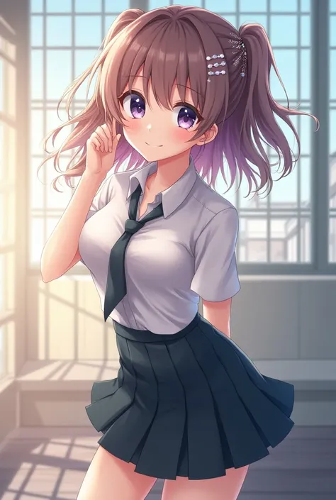 A beautiful anime girl is standing in a school uniform and posing 