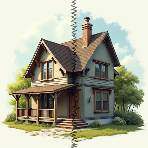  An image of a house divided in half ,  where the left half is a simple and rustic cabin ,  and the right half is a luxurious and modern house ,  representing the journey of building a house little by little . The cabin must appear improvised ,  with simpl...