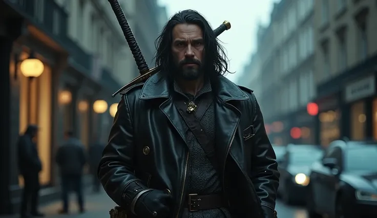 a man with long dark hair resembling the Highlander,detailed face,detailed eyes,detailed lips,extremely detailed features,leather long coat,two-handed sword on back,watching on london 1990s night,cinematic lighting,dramatic shadows,moody atmosphere,rich co...