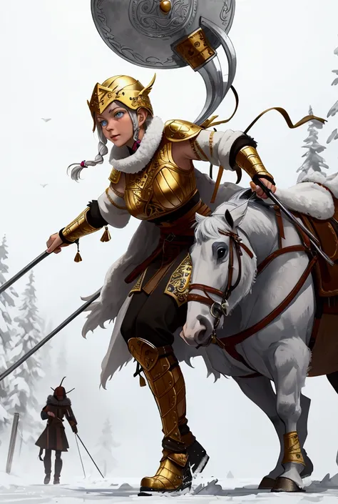 Olga is a Nordic warrior walking through a blizzard ,  she wields a Viking sword ,  She has a golden helmet 