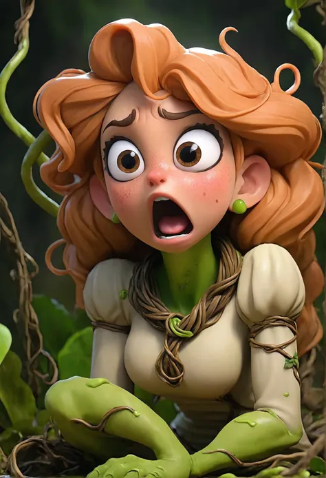 full body shot of a sexy female adventurer on her knees entangled in the vines of the forbidden forest. she has both her hands tightly gripping a thick slimy vine that forcefully inserted itself into her mouth and is pumping some unknown green slime into h...