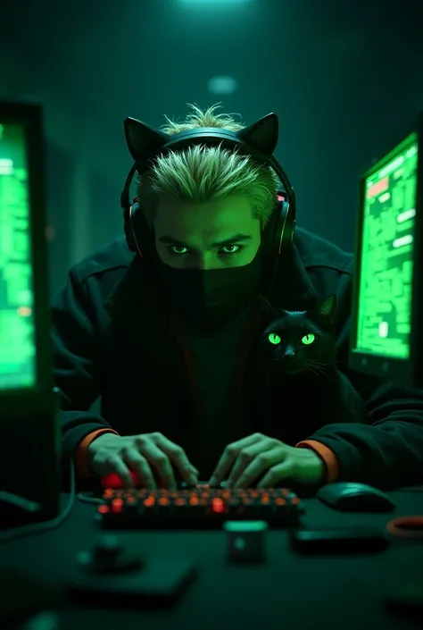 A dangerous hacker hacking with his various device and computer and with his pet black cat, in night computer screen is green text on black Solo, High Resolution, Masterpiece, Best Quality, High Details, Super Detailed, UHD, blonde Hair, green Eyes, 360 Vi...