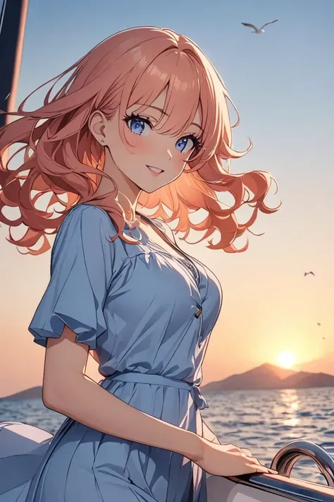 Anime woman, ,wave hair, dark pink orange hair, blue  eyes,،summer blue outfit , in Yacht , sea , gull,blue sky,sunset دقة عالية, عمل رائع, علم التشريح صحيح, دقيق, أفضل جودة, 