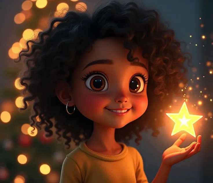  a Christmas tale 2024 Embry Style , honest portrait, With the name " Lucis Dream Light ", layer,  one of 10 years with curly hair ,  tone of brown skin coffee with milk ,  wide smile in which the nose of that little girl raised and her eyes were serrated ...