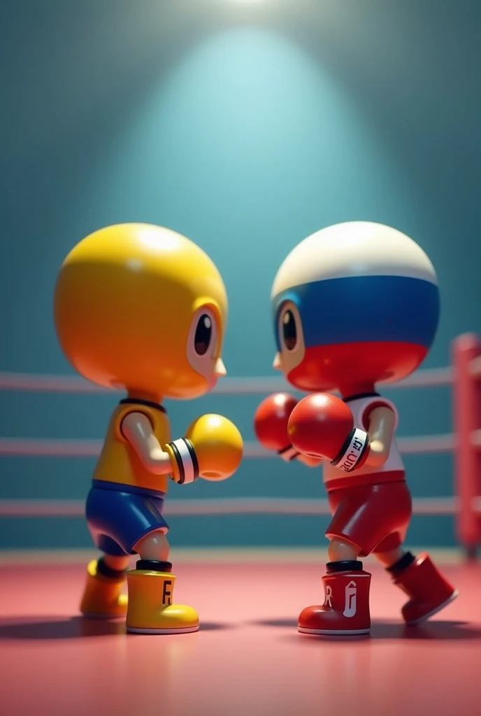  two fighters ,  dolls in a ring facing each other ,  in a defensive position ,  represented with colors and logo , And symbol ( one FIGHTER represents Google and the other represents Russia) in cartoon form, simple, Like little .