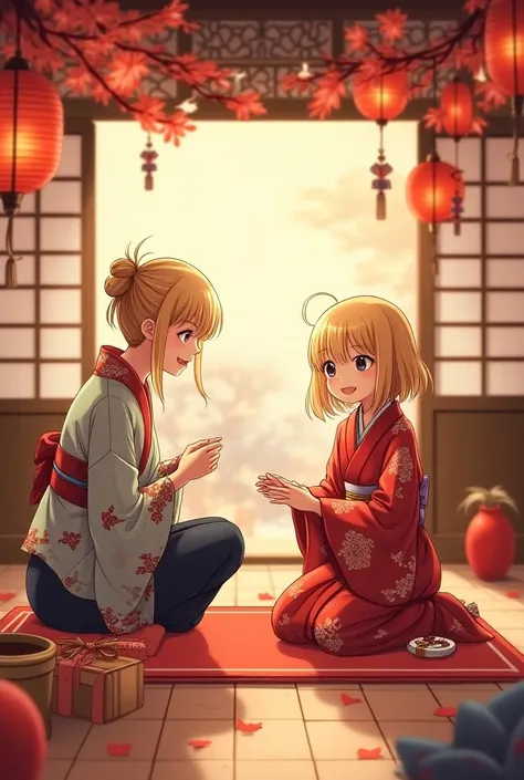  A blonde anime girl decorates the house with her daughter for the Japanese New Year, Red balls , winter, 4K,  overall plan , Superior quality