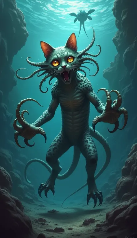 Create a terrifying hybrid creature that combines the features of both a Cat and a Squid into one monstrous entity. The hybrid should have the sleek, agile body of a Cat, but with parts of its form transformed by squid-like features. Its front paws should ...