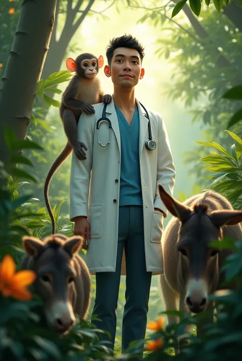 Jungle with an anesthesiologist ,  with a monkey and with a donkey 