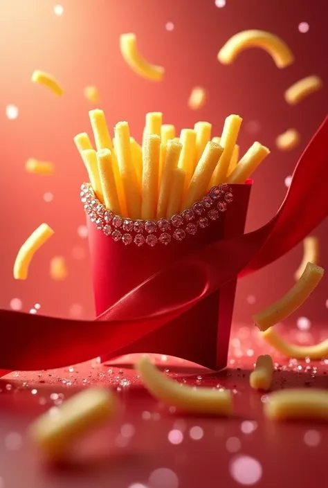 Red Christmas ribbon with jewels and fries surrounding it without a bottom 