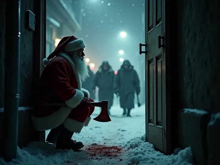 A dark, snowy  action triller movie  scene with Santa Claus, rugged a blood soaking axe, crouching behind a door in darkroom, looking at a group of enemies walking through. The light fall, and foggy street lights illuminate the tense atmosphere. Santa’s fa...