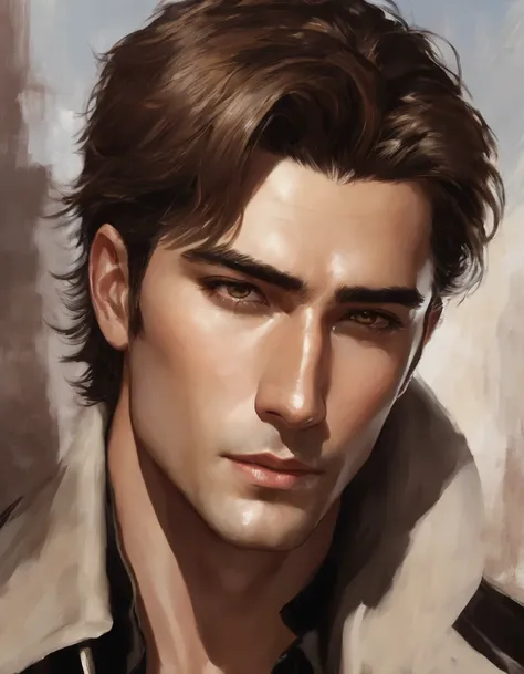 painting,very handsome,without expression,short hair.A male fantasy character with brown hair.