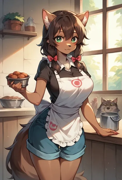    best art style   ,   pet container  , yuno   , Brown wolf, wolf, 1 girl, fluffy,   long curly brown fur,    slim body,    green eyes   ,    wide hips   ,    big breasts   ,   in apron and shorts 