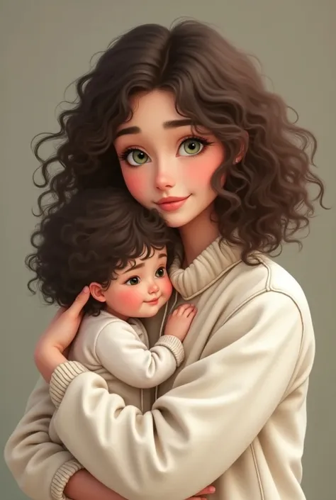   medium-sized curly brown hair woman , Green eyes; يرتدي سترة بيضاء cuteة بأكمام طويلة. (cute), (Mother ), (نظرة cuteة), (Loving ), :), ( black-haired baby in the arms of .)