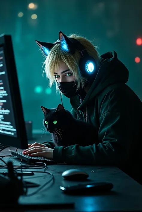 A dangerous hacker hacking with his various device and computer and with his pet black cat, in night computer screen is white text on black Solo, High Resolution, Masterpiece, Best Quality, High Details, Super Detailed, UHD, blonde Hair, green Eyes, glowin...