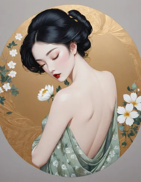 chiaroscuro technique on sensual illustration of an elegant female, circular pattern with Flower Botanical , retro and vintage ,silky flower around body, matte painting, by Hannah Dale, by Harumi Hironaka, extremely soft colors, vibrant, pastel, highly det...