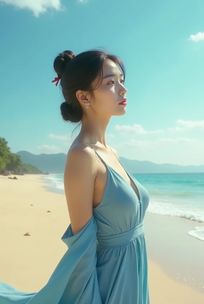 Draw an Asian woman in a blue dress and a large neckline on the beach 