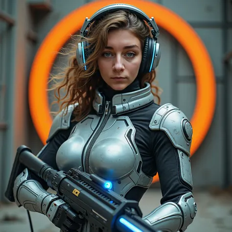 A high-resolution, close-up image of a 20-year-old girl with a strong, powerful and futuristic full body who wears an elegant and fitted exosuit with silver and gray metallic armor..  Her wavy hair flows around tall headphones Technology with ear protector...