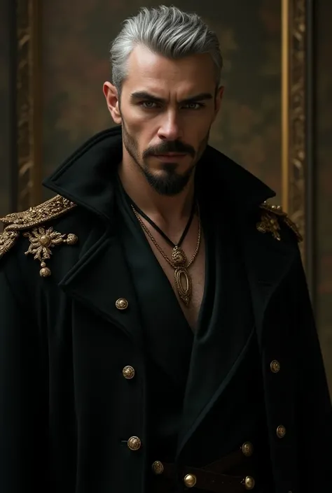  young adult dark vampire ,brown mustache and beard , with short white hair, Black Eyes and Royal Clothing.