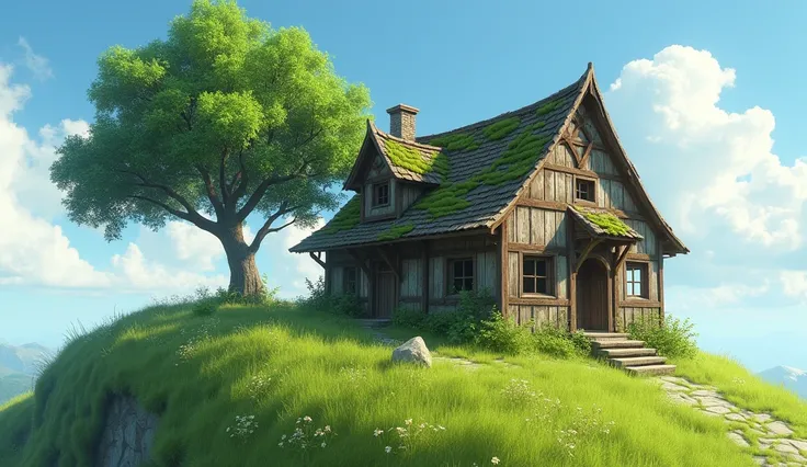 small house, with ancient aspects on a grassy terrain ,  climbing a hill with a tree nearby 