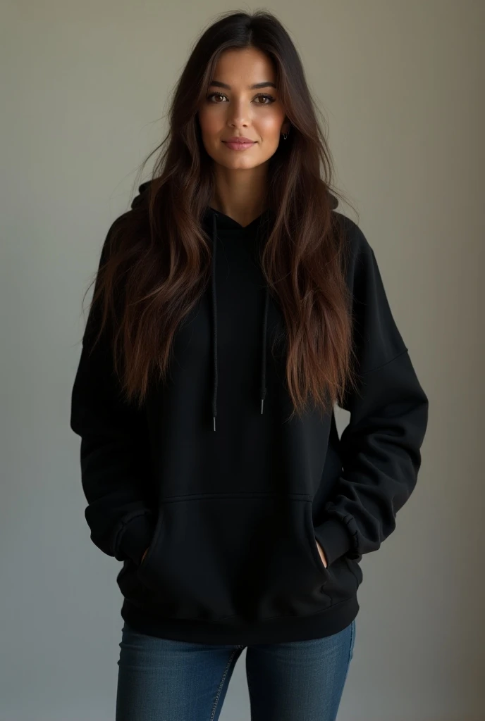 ((Long shot)) brunette influencer with long, naturally straight hair, Average height, she has small breasts, corpo fitness, she wears a oversize black hoodie jumper shirt, Combines classic streetwear pieces, Like sneakers, moletons ou jeans, with high qual...