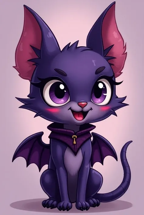 Aventure time personaje fashion desing inspired purple bat, one ear is torn, purple eyes, red shadows at the bottom of the eyes, Cheerful look, bats, full height