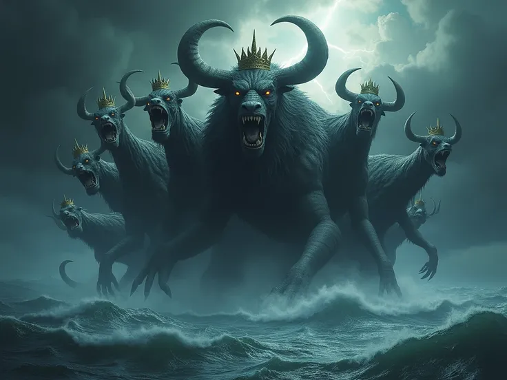 Representation of the beast with seven heads and ten horns, as described in Revelation. The creature is grotesque, with each head bearing a crown and expressions of anger and power. Its body is hybrid, with characteristics of different animals, and is surr...