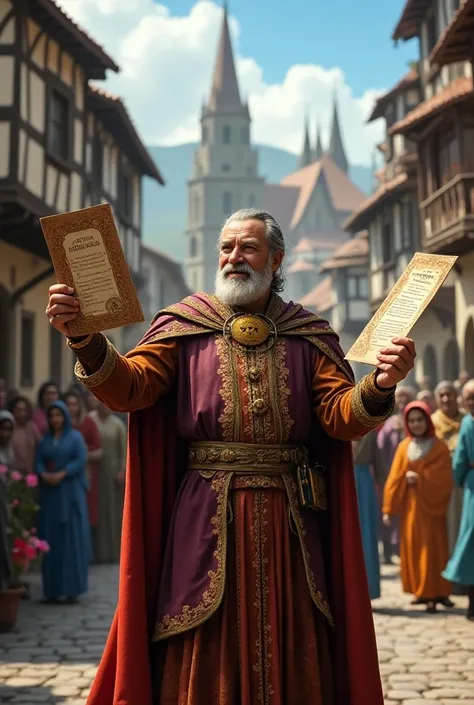 Please, Do art for me by the great TV presenter Silvio Santos but in a medieval RPG style ,  being a bard holding the classic TV sheet in his hands as if he were presenting something