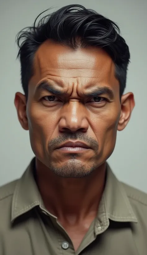 Create a realistic image of the face of a Malay man in a shirt with an angry facial expression