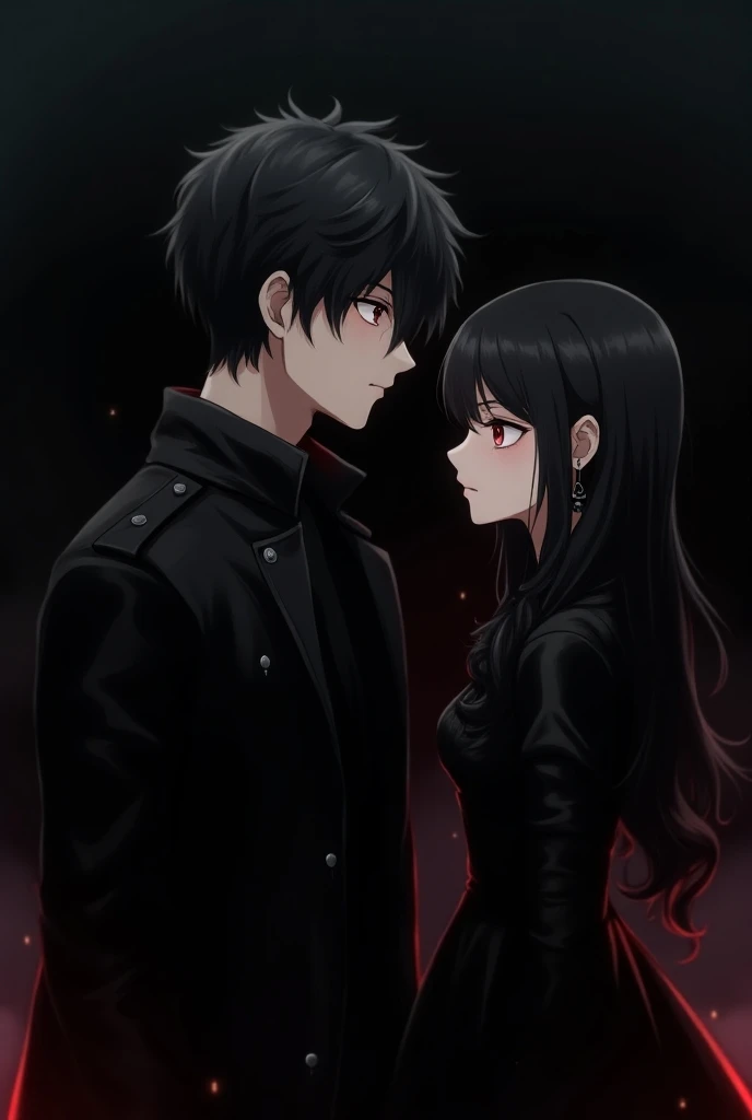 anime couple. anime 90s. Gothic.  a handsome, sculpted boy with thick, icy black hair and cold dark eyes wearing a black leather jacket and black t-shirt looking at a beautiful dark-haired girl with long eyelashes, wearing a black dress. black background. ...