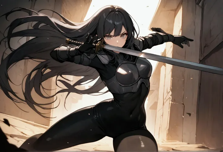 black hair, long flowing hair, age 20, cinematic, light gray eyes, 1 girl, beautiful girl, long tight dark black leggings, tight gray chest armor, epic, black gloves, modern warrior holding 2 swords, masterpiece, left hand holding a sword, right hand holdi...