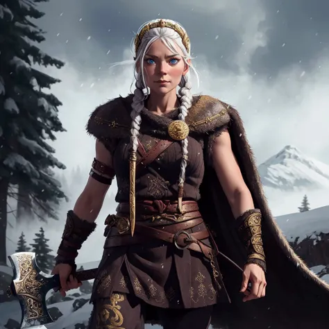 Olga is a Nordic warrior walking through a blizzard ,  she wields a Viking sword ,  She has a golden helmet 