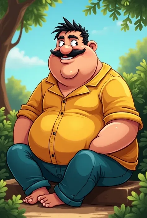  cartoon ,man 30 years old , gordo, Latino , Sitting looking to the right , outdoor