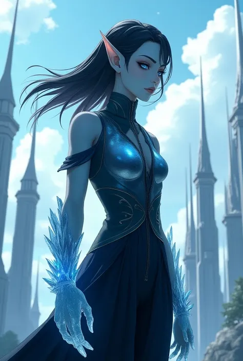 The image features a tall, ethereal elf with an otherworldly presence. The subject is an elf with light blue skin and sharp, angular facial features, including high cheekbones and pointed ears. His hair is a striking black, styled in the wind. They are dre...