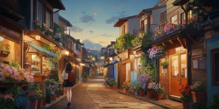 There is a drawing of a street with flowers and plants, Girl&#39;s back view、 beautiful digital artwork,  beautiful digital painting ,  beautiful art UHD 4K ,  beautiful digital art, 4k high definition digital art ,  Highly Detailed Digital Painting , Beau...