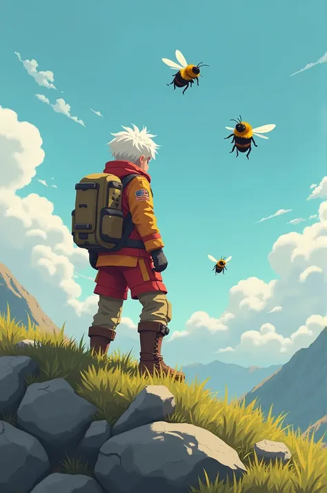 Ilya is standing on a mountain and fighting off bumblebees running at him