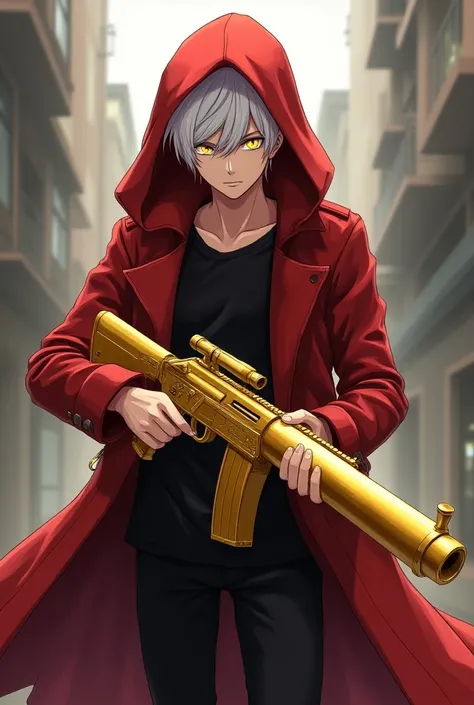 A boy about 25 years old dressed in a scarlet-colored hooded trench coat, wearing black pants .  That one of his eyes is yellow with his pupils white . That his hair is white and that in his hands he is holding a golden rifle without sight.  Let the drawin...