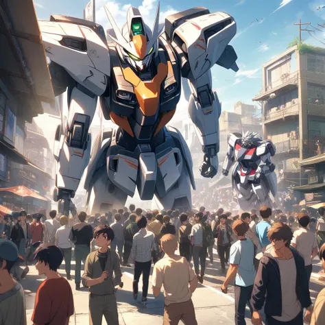 Anime, boys group, casual Clothes, mecha robots around them, multiple boys, boys surrounding 