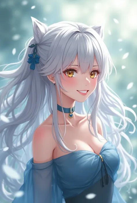 Anime girl Accurate, Silver Hair, Breasts, Smile, From Side, Jewelry, Motion Blur, Abstract, Solo, 