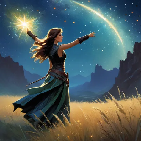 

"Create an image of a girl standing with her back to the viewer, reaching out with one hand toward the stars in the sky, as if trying to touch the heavens. She wears a medieval hunters vest, a rugged and practical outfit made of worn leather, with intric...