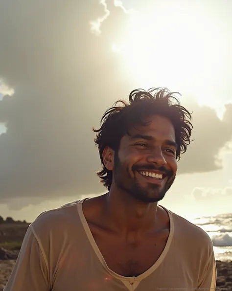 Vicky Kaushal, ((very masculine and virile appearance)), ((((very young)))), wet body, wet and transparent t-shirt open showing the chest, (((((big chest))))), ((((big nipples)))), (((curly hairy chest))), sunset with big abstract clouds, very short messy ...