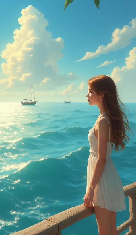 A beautiful girl looks at the ocean. 